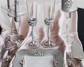 Silver wedding cake server set and knife with Wedding glasses Wedding plate and personalized wedding forks Toasting flutes Unity candle set