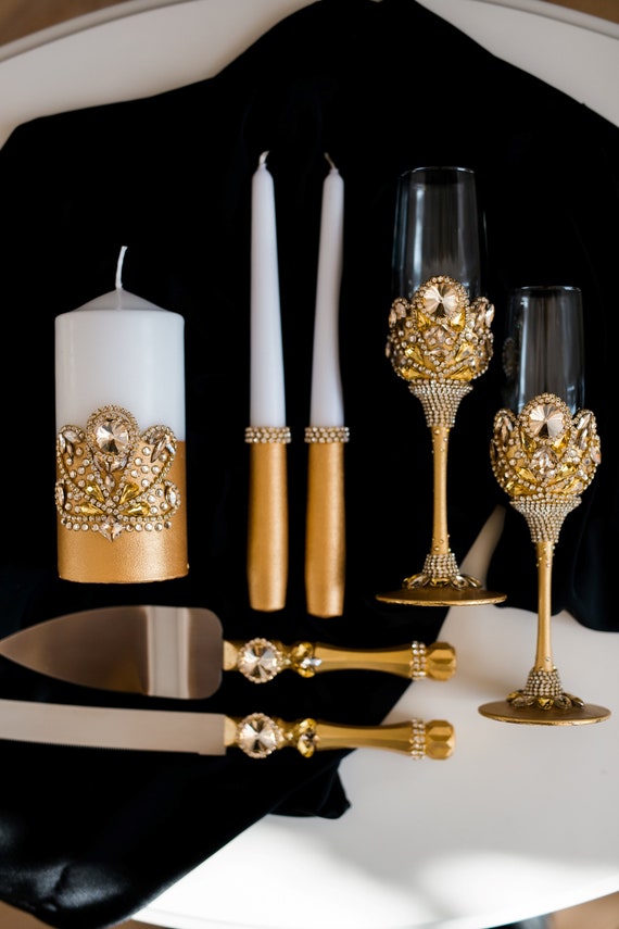 Gold Wedding Cake Cutter Set Wedding Flutes Personalized Etsy