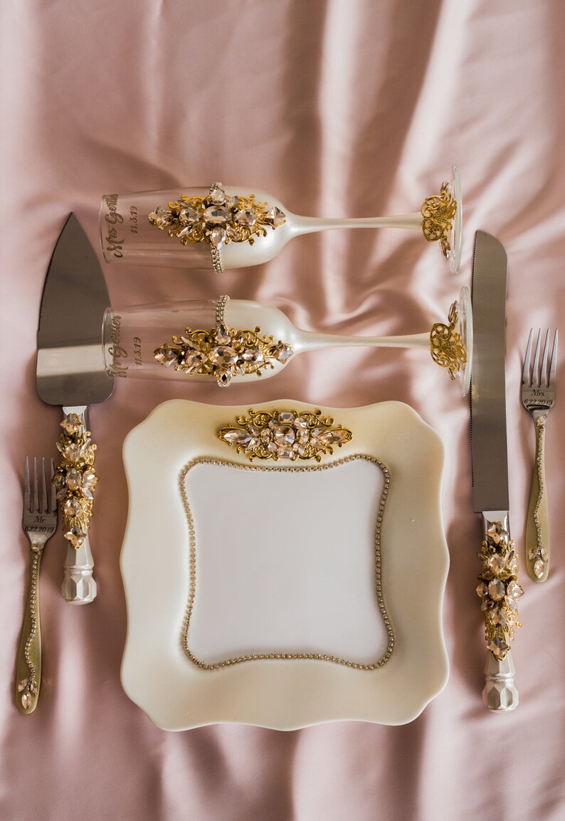 Wedding Flutes and Cake server set in Gold and Ivory Colors Etsy