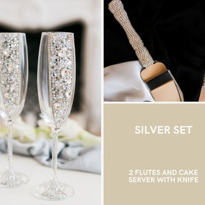 Silver Wedding Toasting Flutes and Personalized Wedding cake cutting set Wedding glasses Wedding flutes Champagne glasses