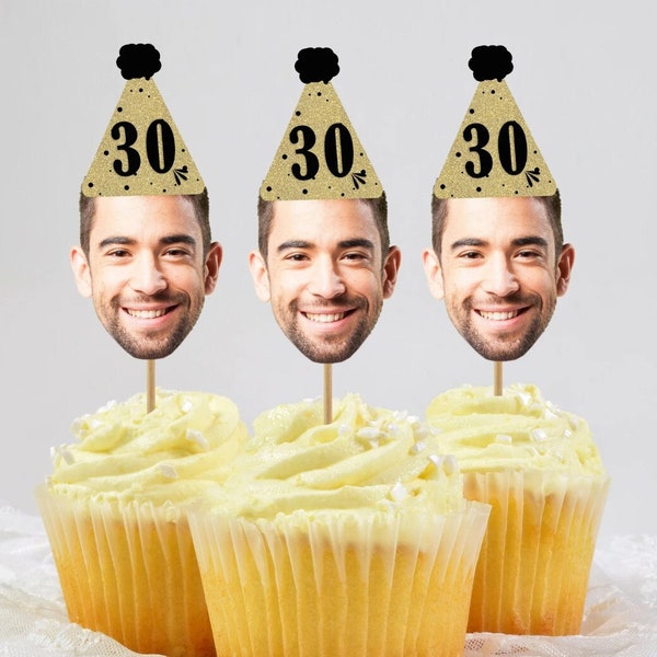 Gold Cupcake Toppers Printable, Photo Cupcake Toppers 30th 40th 50th ANY AGE Printable, Thirty Cupcake Toppers Download, Black & Gold Decor