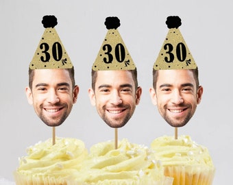 Gold Cupcake Toppers Printable, Photo Cupcake Toppers 30th 40th 50th ANY AGE Printable, Thirty Cupcake Toppers Download, Black & Gold Decor