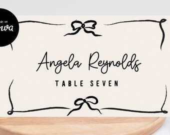 Bow Ribbon Place Card Template, Old Money Bridal Shower Decor, Whimsical Table Decor, Ribbon Wedding Guest Name Card, Handwritten Name Card