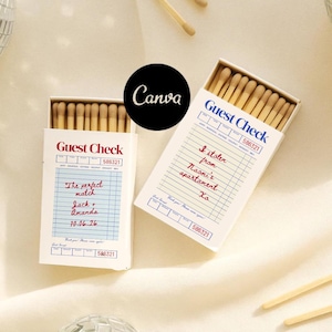 May include: Two matchboxes with the text "Guest Check" and handwritten notes. One box reads "The perfect match, Jack & Amanda, 10.06.26." The other says "I stolen from Naomi's apartment, Xa." The matches are beige.