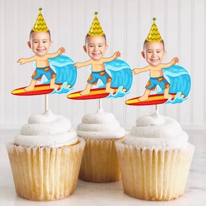 Surf Birthday Cupcake Topper, The Big One Surf Cupcake Toppers, Big One Surf, Surfing First Birthday, Photo Cupcake Topper Kids DIY