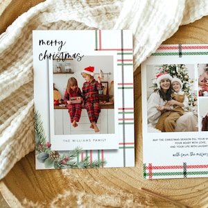 Geruite kerstkaartsjabloon, groen aquarel kerstkaart, moderne kerstkaart 2024, kerstfoto kerstkaart tekst DIY