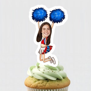 Cheerleader Cupcake Topper, Funny Face Cheerleader Cupcake Toppers, Cheer Dance Birthday Decorations, Girls Sport Theme Decor, Face Cupcake