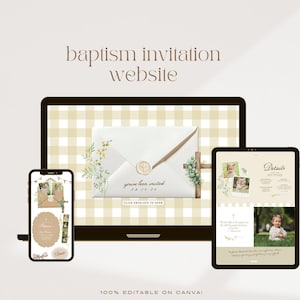 May include: A digital mockup of a baptism invitation website displayed on a laptop, tablet, and smartphone. The website features a cream-coloured envelope design with floral accents and the text "you're been invited". The text "baptism invitation website" is at the top.