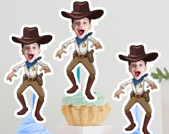 Cowboy Cupcake Topper, Cowboy Country Western Birthday Decor, Country Cupcake Topper, Sheriff Cupcake Topper, Kids Birthday Face Toppers