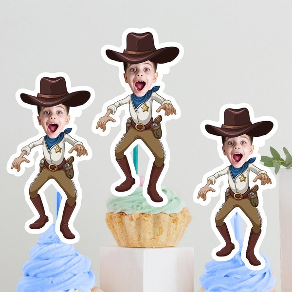 Cowboy Cupcake Topper, Cowboy Country Western Birthday Decor, Country Cupcake Topper, Sheriff Cupcake Topper, Kids Birthday Face Toppers