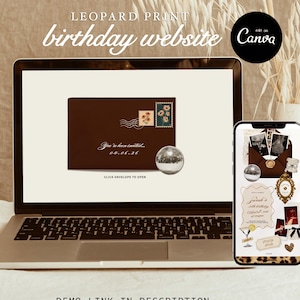 May include: A laptop and smartphone display a birthday website design with a leopard print theme. The laptop screen shows a brown envelope with stamps and a silver sphere. The phone displays a similar design with additional decorative elements.