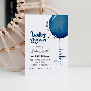 Navy Blue and Gold Baby Shower Invitation, Boy Baby Shower, Boy Baby Sprinkle Invite, Minimalist Baby Shower Invite,Fully Editable