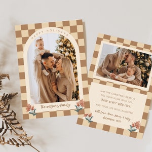 Boho hygge boog foto kerstkaartsjabloon, boho kerstkaart, boog kerstkaarten foto, geruite vakantiefotokaarten, doe-het-zelf
