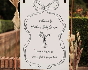 Bow Baby Shower Welcome Sign, Ribbon Baby Shower Welcome Sign, Old Money Party Decor, Ribbon Bridal Shower Theme Bow Hand Draw Trendy 2024