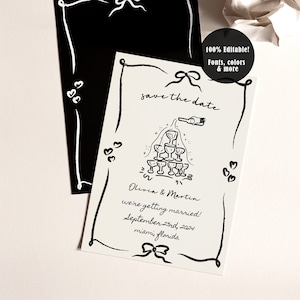 Save the Date Vorlage, handgezeichnete Save the Date Vorlage, wunderliche Hochzeitseinladung im französischen Stil, Skurrile Hochzeitseinladung