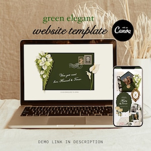 Puede incluir: Un portátil y un smartphone muestran una plantilla de sitio web verde elegante. La pantalla del portátil muestra un diseño de sobre con detalles florales y el texto "You got mail from Hannah & Tomas". El smartphone muestra un collage de imágenes. El logotipo de Canva es visible.