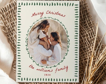 Grillige kerstkaart, groene kerstkaartsjabloon, minimalistische kerstfotokaart, handgeschreven kerstkaart, trendy kerstkaarten