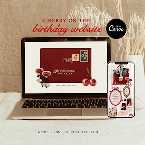 May include: A laptop and smartphone display a birthday website design with a cherry theme. The laptop screen shows a burgundy envelope design with cherry illustrations. The smartphone displays a similar design with additional elements.