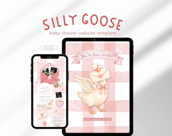 Pink Silly Goose Baby Shower Invitation, Coquette Bow Goose Baby Shower Invite, Preppy Girl Baby Shower, Baby Shower Website Template Canva