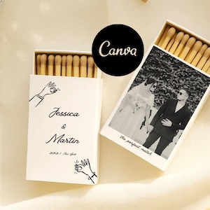 May include: Two matchboxes with wooden matches, one with a wedding photo and the text "the perfect match." The other box has the names "Jessica & Martin" and the date. The background includes disco balls and matches.