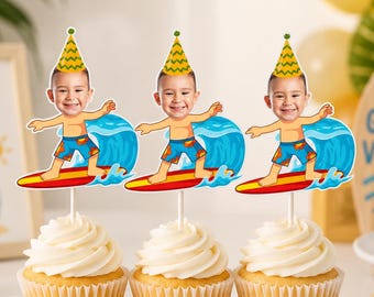 Surf Birthday Cupcake Topper, The Big One Surf Cupcake Toppers, Big One Surf, Surfing First Birthday, Photo Cupcake Topper Kids DIY