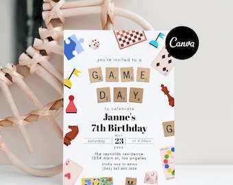 Invitación de cumpleaños para el día del juego, invitación para la fiesta del día del juego, invitación moderna para la inauguración de la casa, juegos para la fiesta de nuevo hogar, invitación de inauguración de la casa con Evite Canva