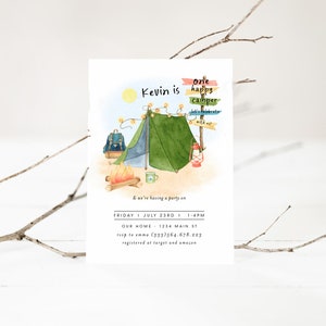 One Happy Camper 1st Birthday Invitation, Happy Camper Birthday Invitation, Camping 1st Birthday Invite, Fully Editable Boy Birthday Evite