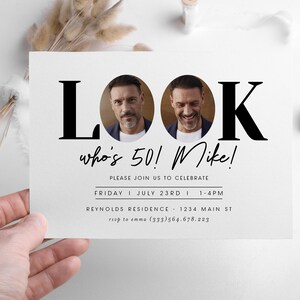 Looks Who&#39;s 50, Modern 50th Birthday Invitation, Fifty Birthday with Photo, Male 50th Invitations, Male Birthday Invitation Photo Template