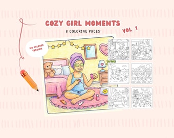 Pode incluir: Um livro de colorir digital intitulado "Cozy Girl Moments Vol. 1" com 8 páginas para colorir. A capa apresenta uma menina em um ambiente de spa, com cenas adicionais de atividades relaxantes. A imagem inclui o texto "No Colored Version".