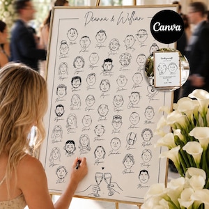 Può includere: Un cartello rettangolare per il libro degli ospiti di un matrimonio su un cavalletto dorato con i nomi Deanna & William in alto. Il cartello mostra una griglia di illustrazioni di personaggi in bianco e nero con nomi scritti sotto.