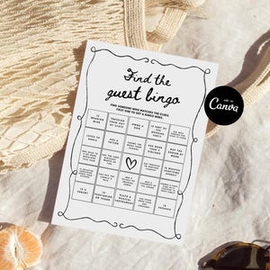Pu&ograve; includere: Una scheda di gioco stampabile "Trova il Bingo degli Ospiti" con un design in bianco e nero. La scheda ha 25 caselle con diversi suggerimenti per gli ospiti da trovare a un matrimonio o a una festa. La scheda &egrave; progettata per essere stampata e utilizzata a un matrimonio o a una festa.