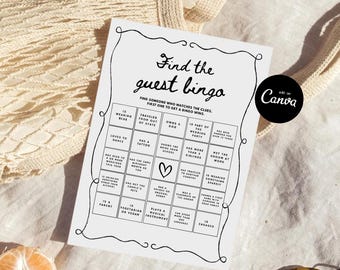 Find the Guest Bingo Game Template Bridal Shower Icebreaker Fun Get to Know You Game Editable Bingo Printable Bridal Shower Game Canva
