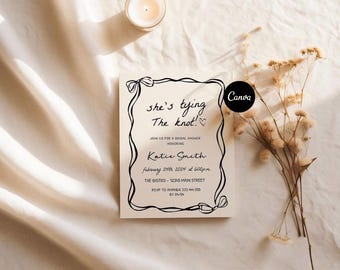 Editable Bow Coquette Bridal Shower Invitation Template, She's Tying the Knot Wedding Shower Invite, Bow Theme Bridal Shower Invite, Evite