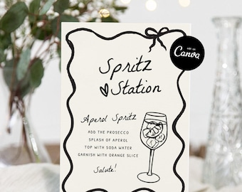 Aperol Spritz Station Sign Template, Wavy Wedding Table Signs, Hand Drawn Wedding Table Decor, Aperol spritz bar sign, Bar Menu Sign Canva