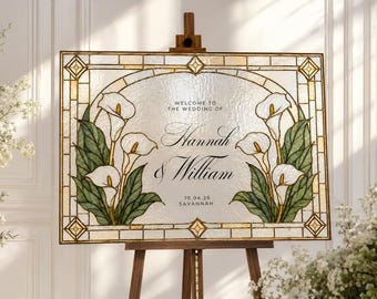 Welkomstbord met imitatie glas-in-loodmotief en calla lelies, bewerkbaar op Canva, romantische, sfeervolle vintage printbare herinnering