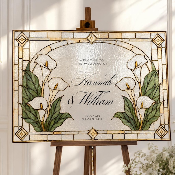 Plantilla de bienvenida de boda con efecto vidriera, letrero de bienvenida con lirios cala, póster editable en Canva, recuerdo imprimible romántico y vintage.