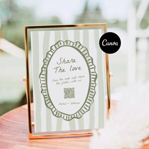 Share The Love QR-code bruiloft bordsjabloon, elegante klassieke trouwfotokaart, tuinbruiloft, groene strepen, Capture the Love-kaart