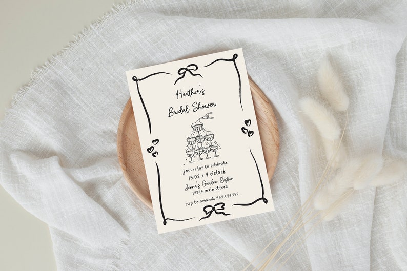 Bow Bridal Shower Invite, Ribbon Bridal Shower Invite, HandDraw Bridal Shower Invitation, Old Money Bridal Shower, Champagne Tower Invite