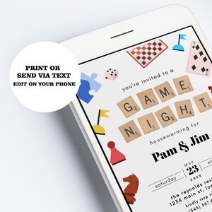 May include: A white and blue phone screen displaying a game night invitation with the text "you're invited to a GAME NIGHT housewarming for Pam & Jim" and a date of Saturday, May 23rd at 4:00pm. The invitation features illustrations of various board games, including chess, checkers, dice, and a puzzle.