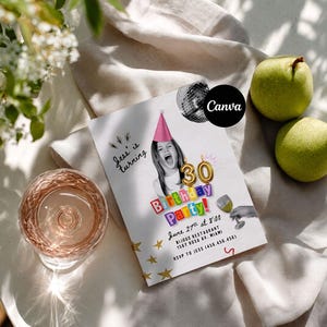 May include: A rectangular birthday party invitation card featuring a black and white photo of a person wearing a pink party hat. The text reads Jess' is turning 30 Birthday Party! June 27th at 8:00, Bijous Restaurant, 1567 Rosa Av. Miami, RSVP to Jess.