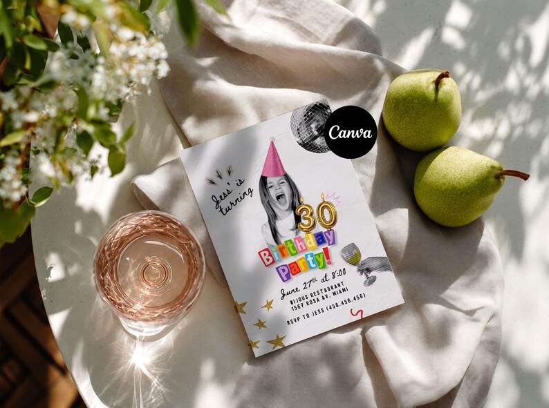 May include: A rectangular birthday party invitation card featuring a black and white photo of a person wearing a pink party hat. The text reads Jess' is turning 30 Birthday Party! June 27th at 8:00, Bijous Restaurant, 1567 Rosa Av. Miami, RSVP to Jess.