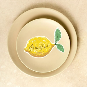 Plantilla de tarjetas de lugar con limón, tarjeta de nombre de mesa mediterránea de Amalfi con limón, tarjeta de lugar para despedida de soltera, tarjeta de nombre de mesa, tarjeta de nombre de limón caprichosa