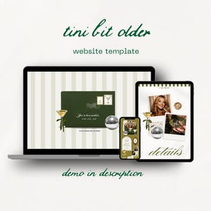 Könnte beinhalten: Ein Website-Template-Design, das auf einem Laptop, Tablet und Smartphone angezeigt wird. Das Design zeigt einen grünen Umschlag mit Text und Illustrationen, ein Foto sowie die Wörter "tini bit older" und "website template". Der Text "demo in description" ist ebenfalls sichtbar.