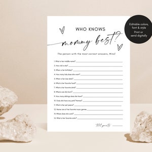 El mejor juego de Who Know's Mommy, juego minimalista para baby shower, juego de cartas editable, juego de cuestionario para mamás, juegos modernos para baby shower editables