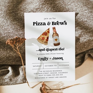 Pizza and Brews Baby Shower Invitation Template, Pizza Baby Shower Invite, Slice Slice Pizza Baby Shower Invite, Pizza & Beer Invitation