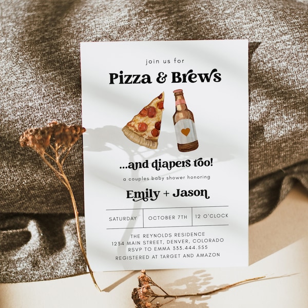 Modèle d'invitation baby shower pizza et bières, invitation baby shower pizza, invitation baby shower tranche tranche pizza, invitation pizza et bière