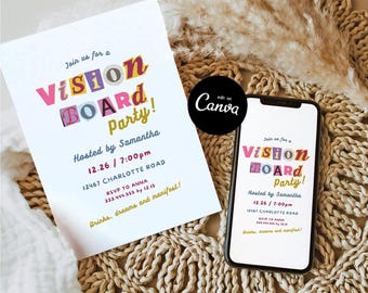 Uitnodiging voor feest Vision Board, manifesteren feestuitnodiging, vakantie meisjes feest uitnodiging Canva, Vision Board nacht uitnodiging 2026 Evite