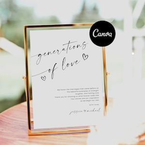 May include: A gold-framed wedding sign featuring the words "generations of love" in cursive script. The sign includes a message about marriage and love, with the names Jessica and Michael at the bottom. The sign is on a wooden table.