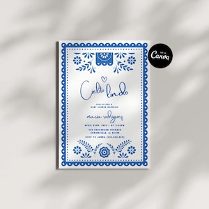 Blue Cielito lindo baby shower invitation blue talavera invitation Mexican baby shower papel picado invite editable Canva template evite