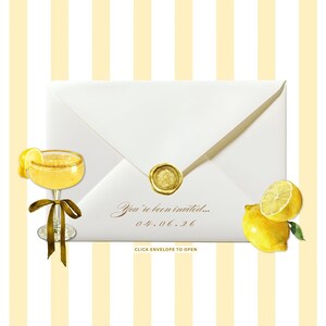 May include: A white envelope with a gold wax seal and a gold pen. The text "You've been invited... 04.06.26" is printed on the envelope. A cocktail with a lemon slice and a lemon are on a yellow and white striped background.